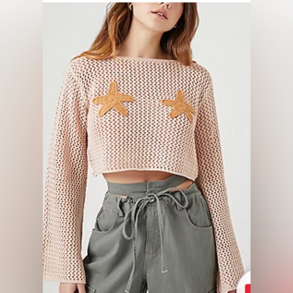Cropped Open-Knit Star Appliqué Sweater - Blush Pink